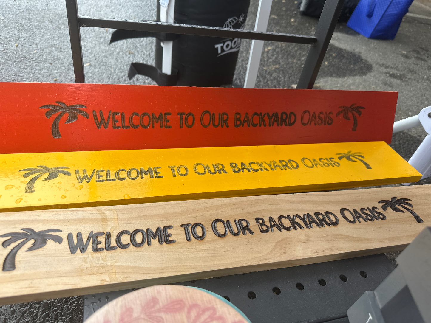 Welcome to our backyard oasis sign