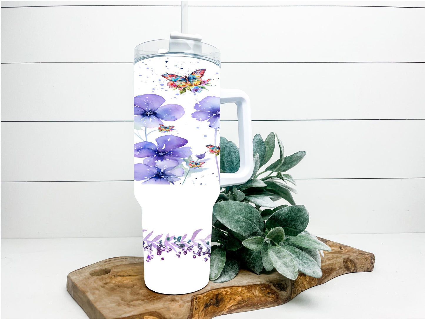 Purple flowers and butterfly 40 oz tumbler Sublimation wrap (Digital Download)