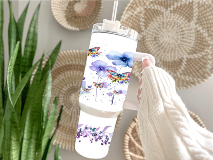 Purple flowers and butterfly 40 oz tumbler Sublimation wrap (Digital Download)