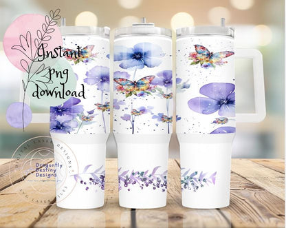 Purple flowers and butterfly 40 oz tumbler Sublimation wrap (Digital Download)