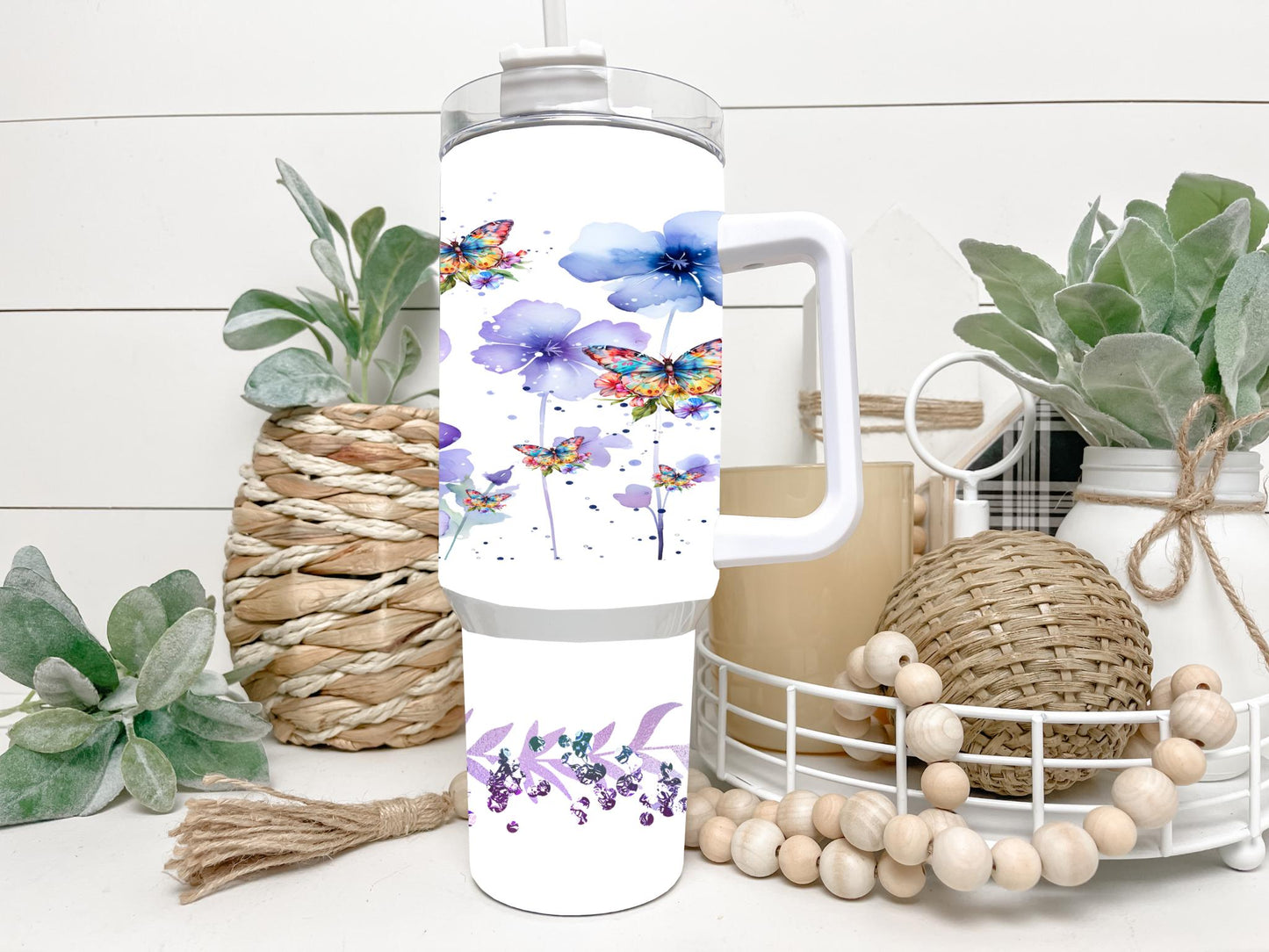 Purple flowers and butterfly 40 oz tumbler Sublimation wrap (Digital Download)